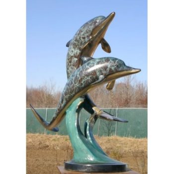 Umelecké Sochy Dva bronzové delfíny na mramorovom podstavci  