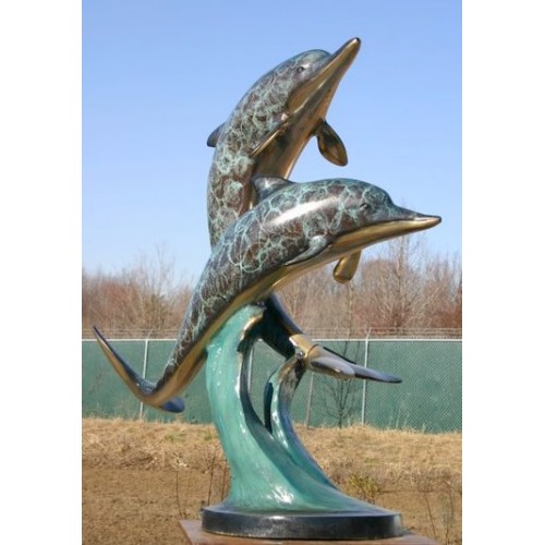 Dva bronzové delfíny na mramorovom podstavci - bronzová socha