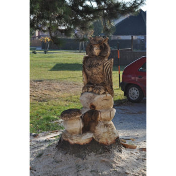 Umelecké Sochy Drevená sova na pni s hríbom  